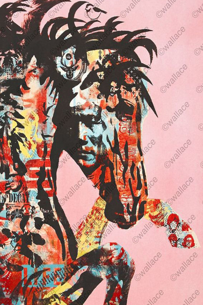 pop art wallace poster print of bucking horse on pink background. Pop art collection