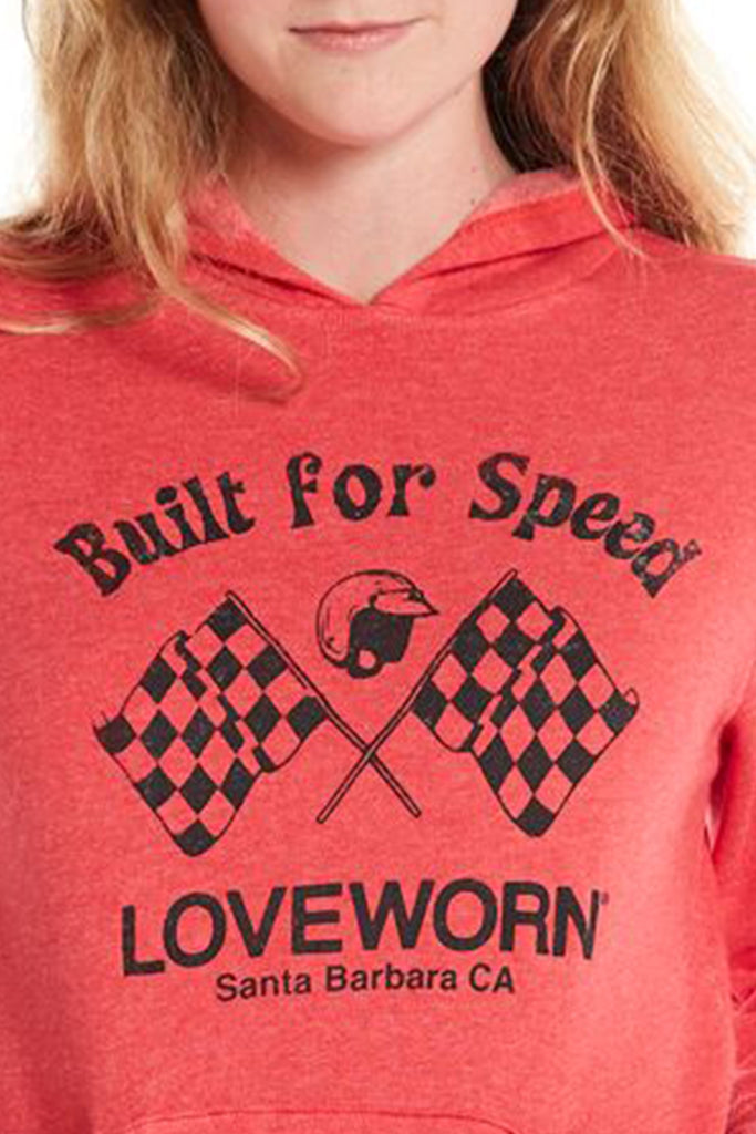 red long sleeve pullover fleece hoodie with built for speed silkscreen