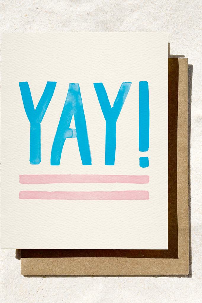 Card with 'YAY!' in blue text on a white background