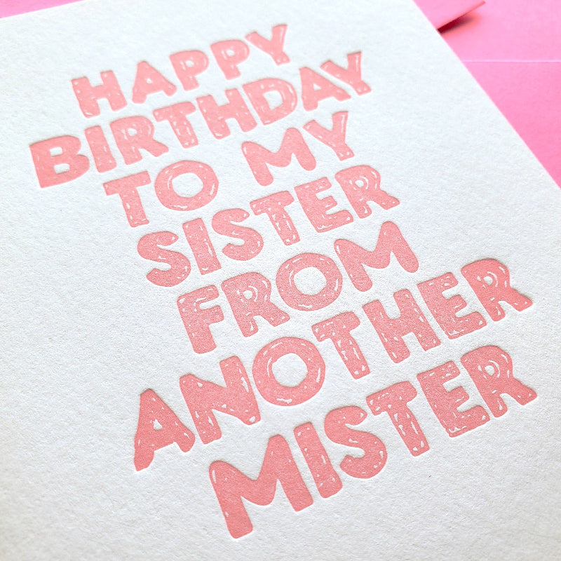 Greeting card with pink text on a white background