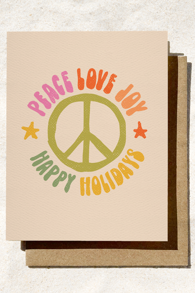 Greeting card with peace symbol and colorful text on a textured background