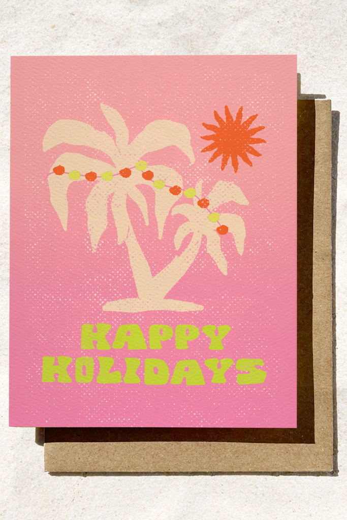Greeting card with palm trees, sun, and 'Happy Holidays' text on a pink background