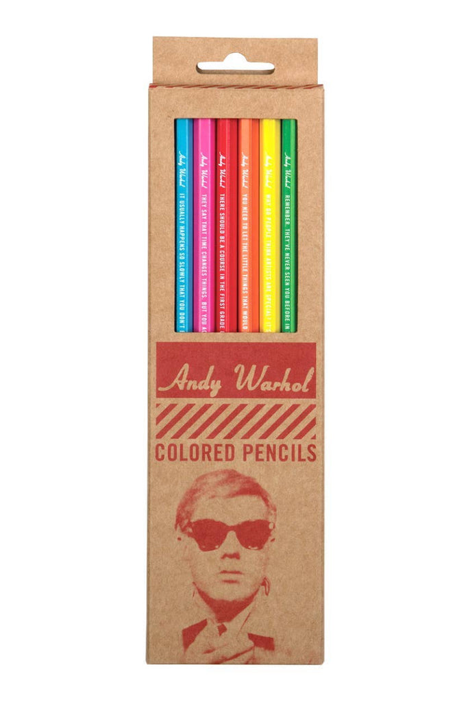 Pack of Andy Warhol colored pencils with a cardboard box on a white background