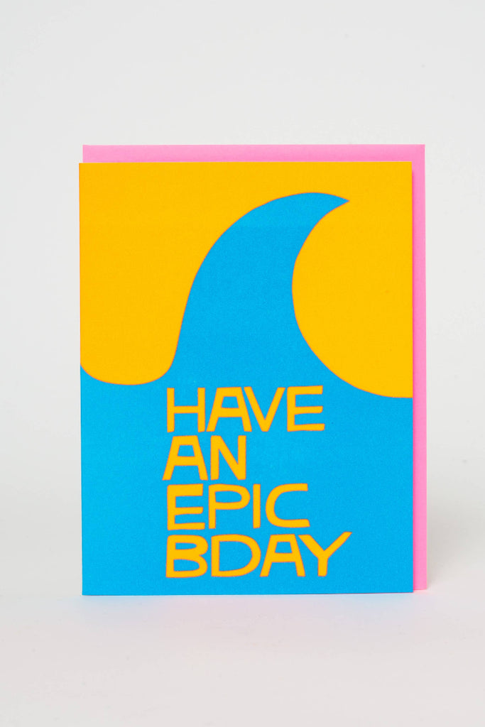 Greeting card with blue and yellow design and text 'Have an Epic BDay' on a white background
