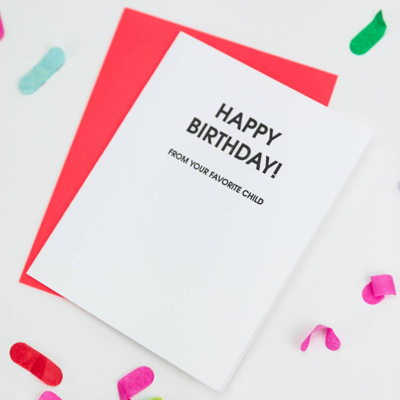 Birthday card with 'Happy Birthday! From your favorite child' text on a white background with colorful confetti.