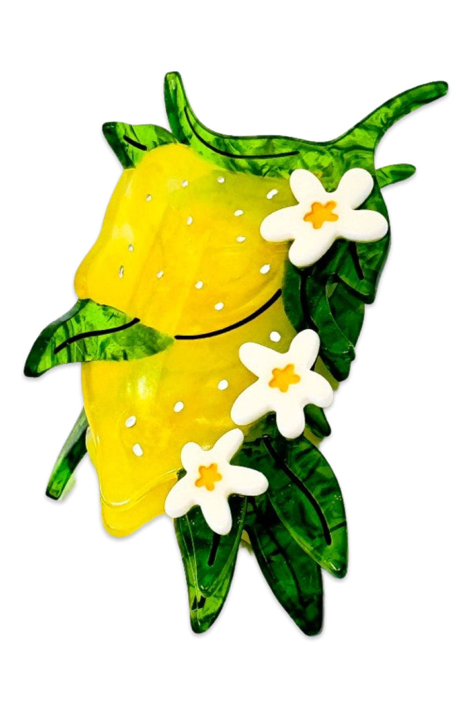 Decorative hair clip yellow lemons with white flowers and green leaves