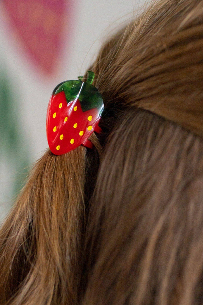 mini red strawberry hair clip on ponytail