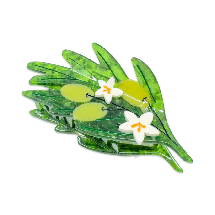 Hair clip with green leaves  and olives and white flowers on a white background