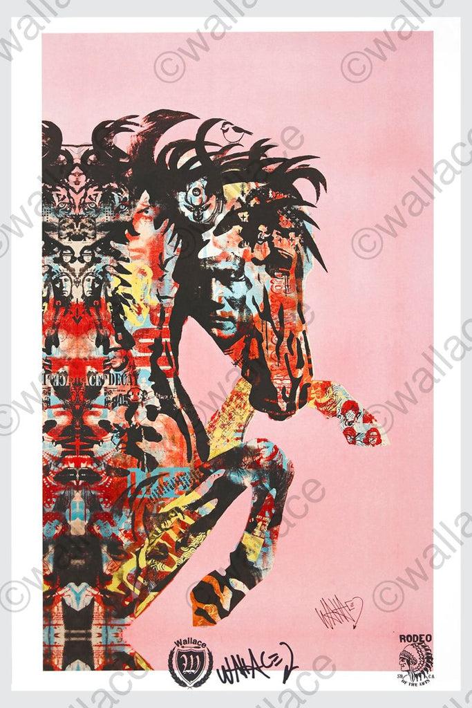 pop art wallace poster print of bucking horse on pink background. Pop art collection
