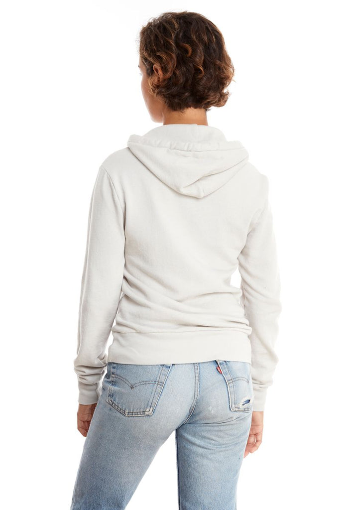 back view of Loveworn does it in the dirt. Original motorcross dirtbike graphics are hand silk-screened on to 100% cotton hoodie, pullover sweatshirt. Rpyal blue print on pale grey cement colored hoodie. Made in Santa Barbara California and styled with vintage USA made levis button fly 501s.